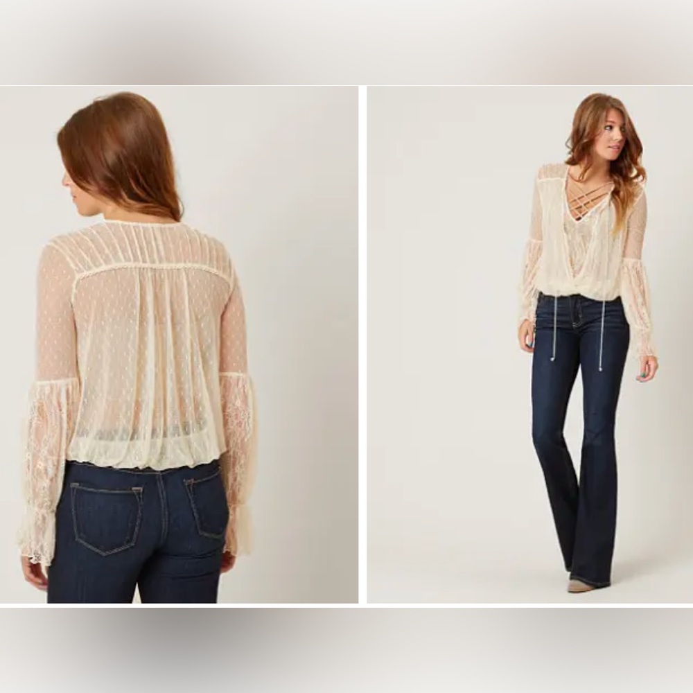 Free People Far Away Lace Blouse Medium Cream Sheer Boho Romantic Top - Picture 14 of 16